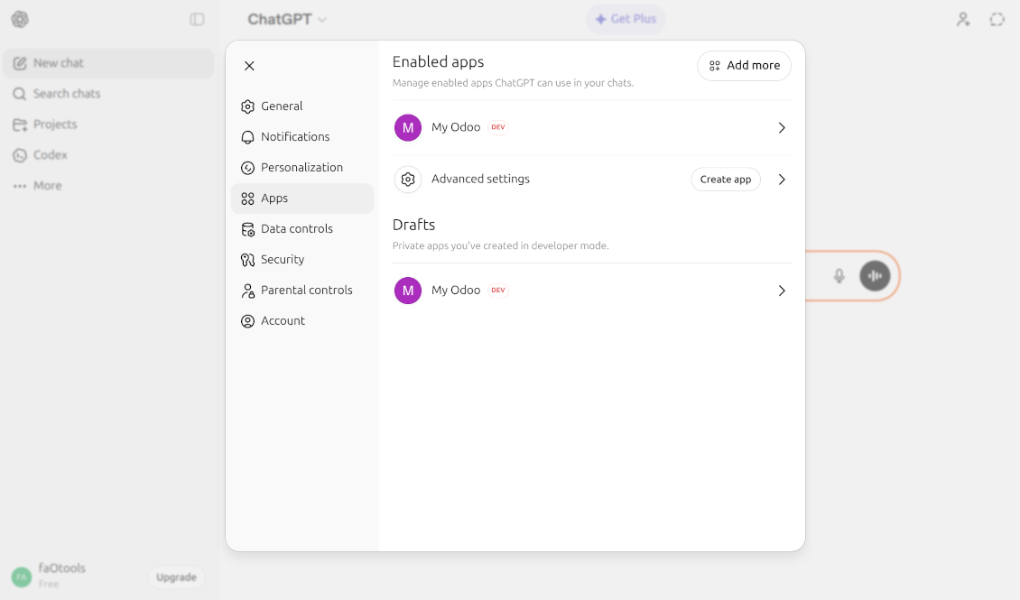 Списъкът „Enabled apps“ в настройките на ChatGPT, който потвърждава, че „My Odoo“ е успешно свързан и активен в режим за разработчици.